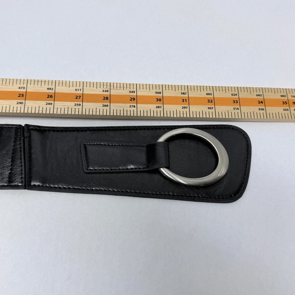 Black Wide Elastic Cinch Waist Belt Silver Ring Hook Closure Faux Leather